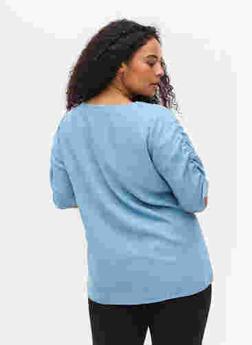 Bluse med draperede ærmer, Light blue denim, Model image number 1