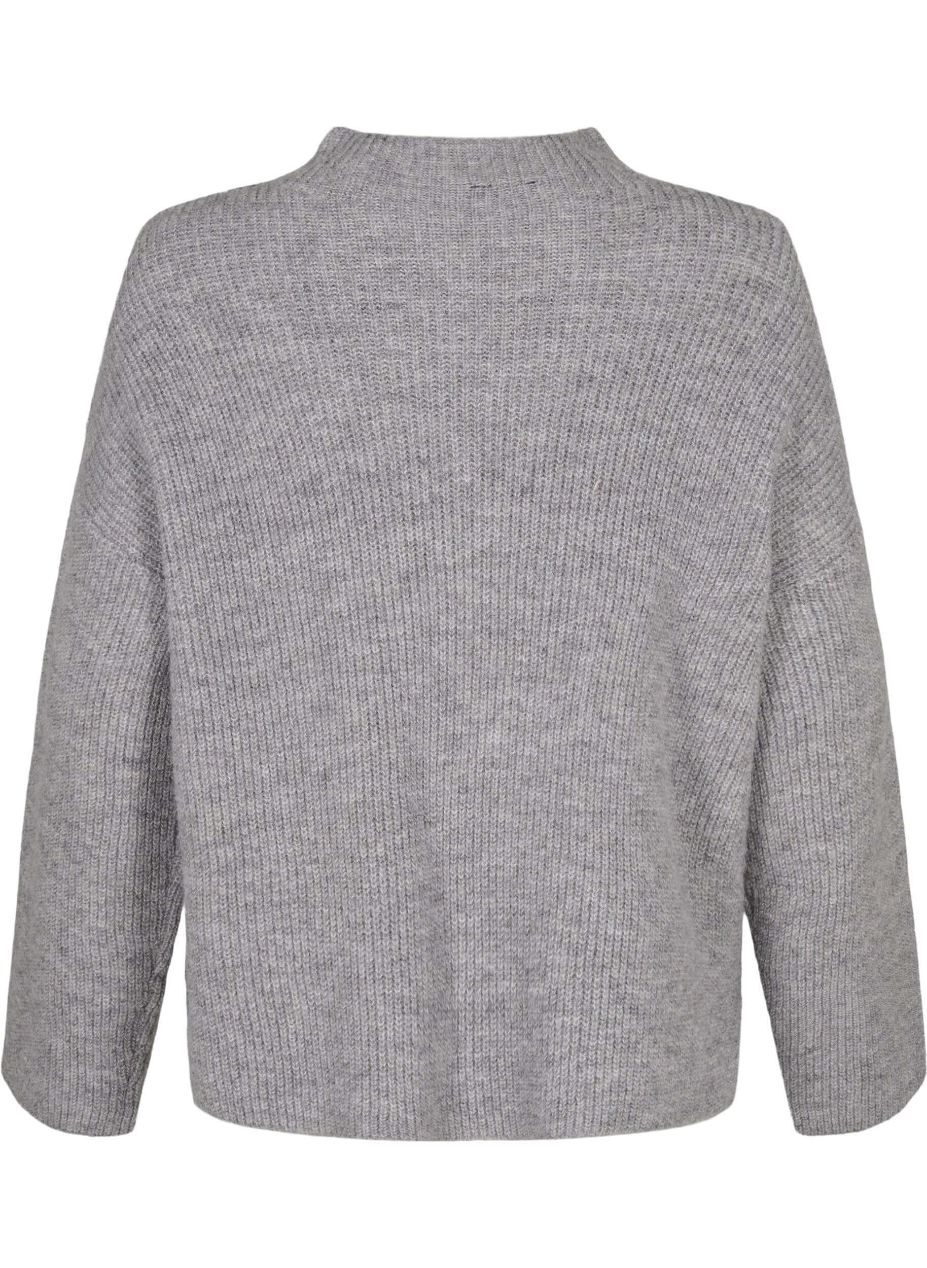Zizzi Strikbluse med uld og kontrast striber, Medium Grey Melange, Packshot image number 1