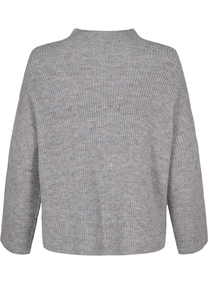 Strikbluse med uld og kontrast striber, Medium Grey Melange, Packshot image number 1