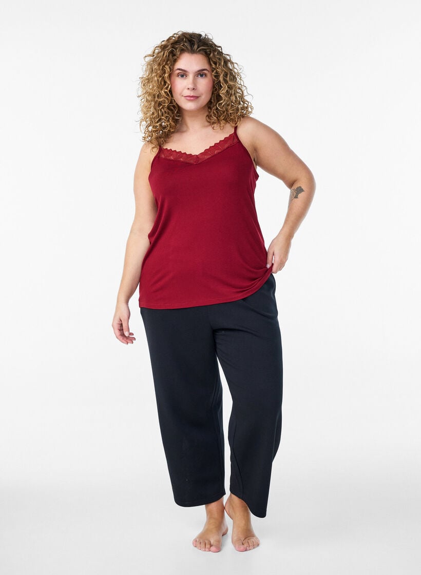 Top med blondedetalje og spaghettistropper, Brun, Model image number 1