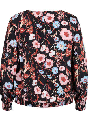 Blomstret viskose bluse med smock, Black Flower AOP, Packshot image number 1