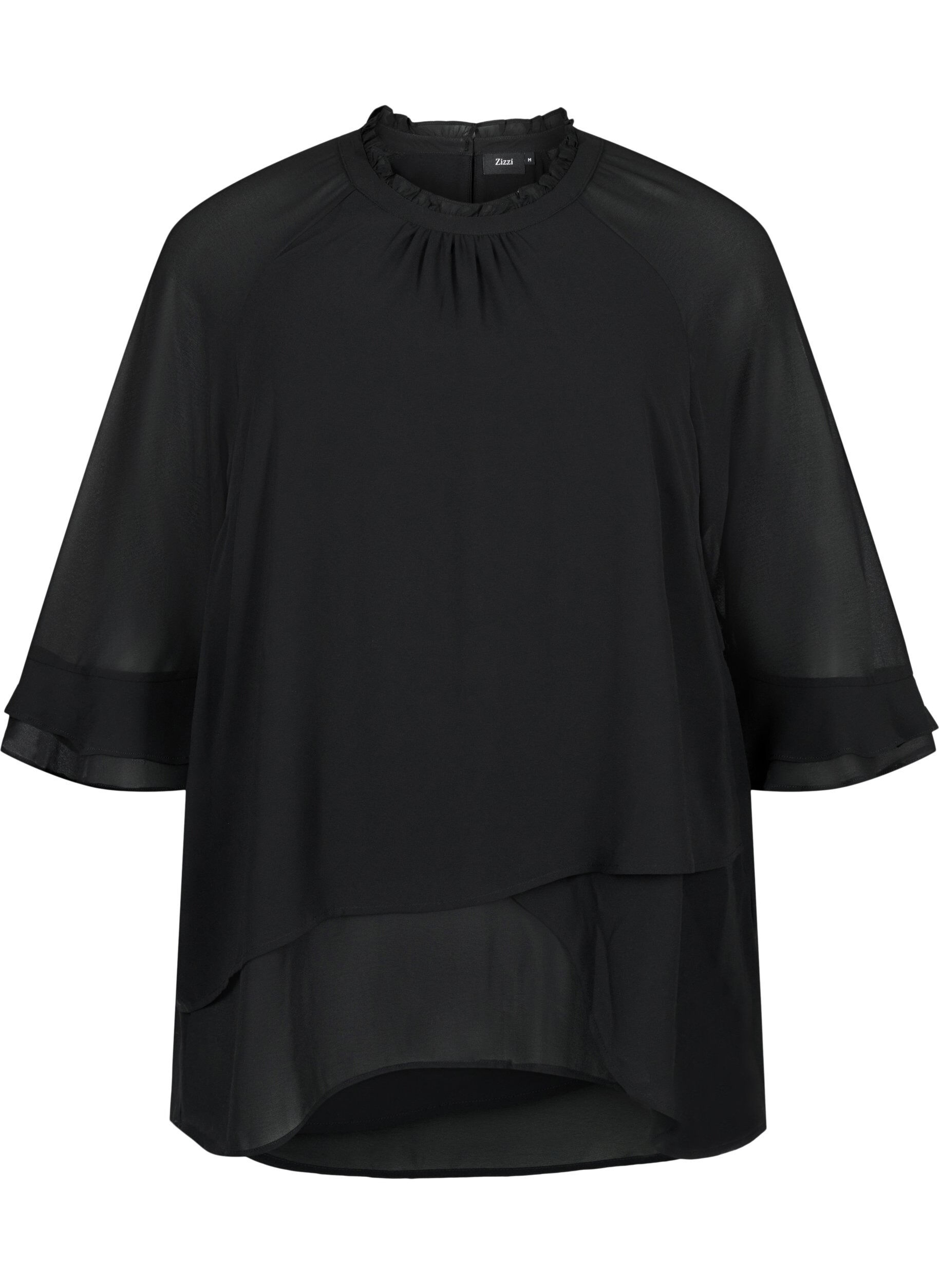 Zizzi Bluse med asymmetrisk bund og 3/4 &aelig;rmer, Black, Packshot image number 0