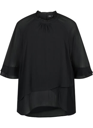 Bluse med asymmetrisk bund og 3/4 ærmer, Black, Packshot image number 0