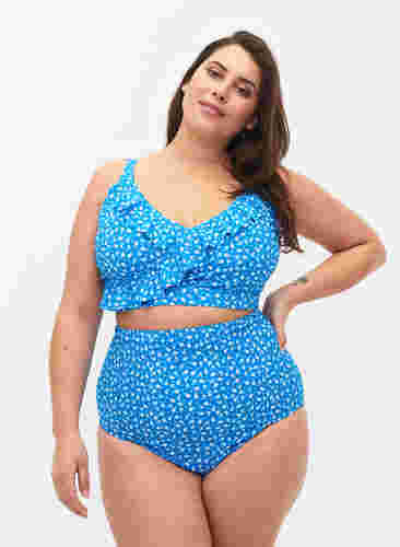 Ekstra højtaljet bikini trusse med blomsterprint, Blue Flower Print, Model image number 0