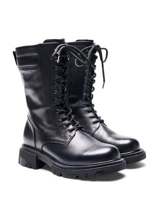 Wide fit læderstøvle med lynlås og snøre, Black, Packshot image number 1