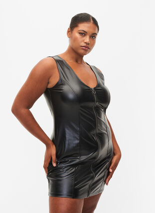 Imiteret læderkjole med lynlås, Black, Model image number 0