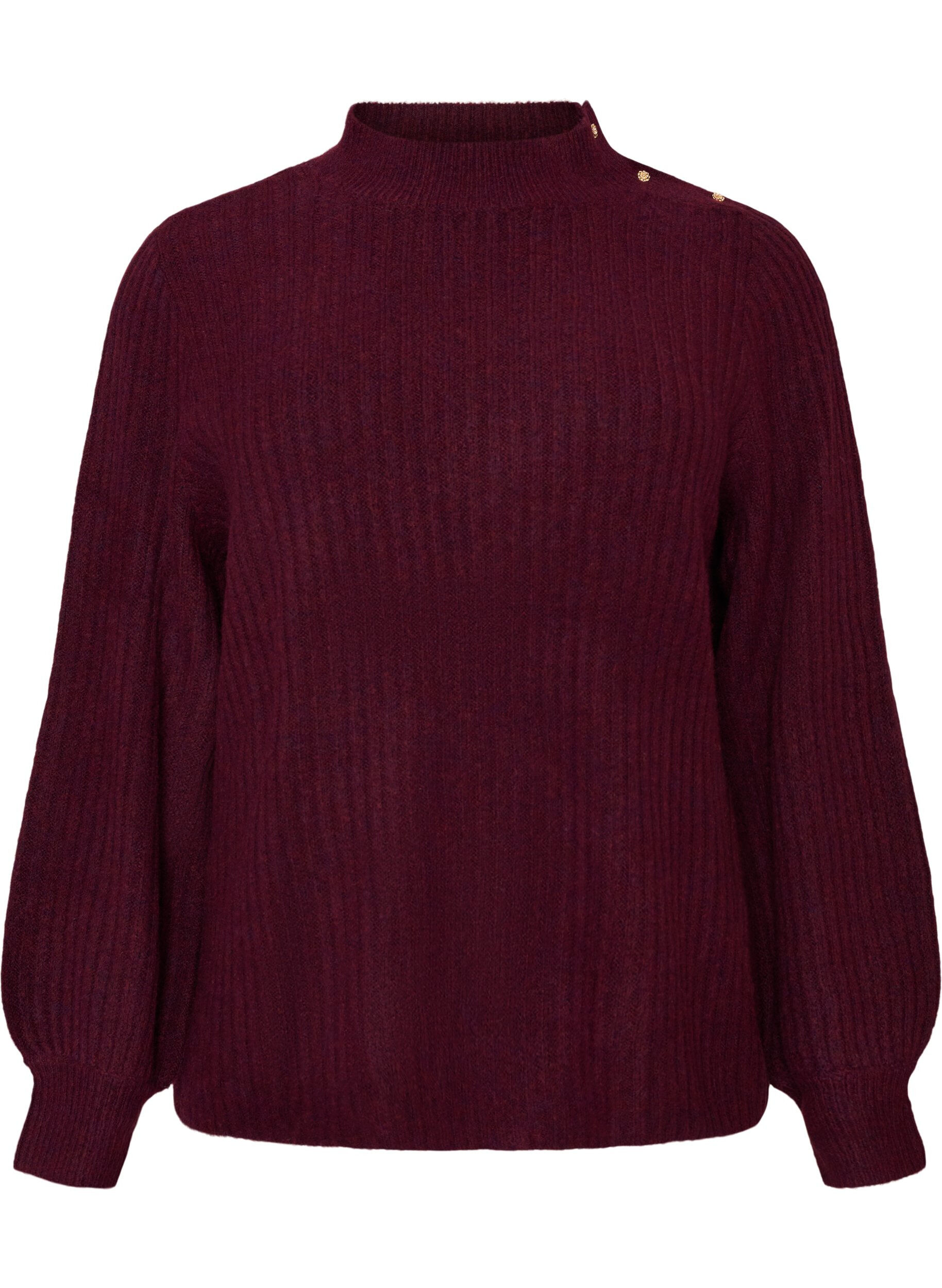 Ribstrikket sweater med ballon&aelig;rmer og knapper