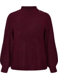 Ribstrikket sweater med ballon&aelig;rmer og knapper, M&oslash;rk Bordeaux