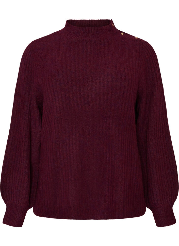 Ribstrikket sweater med ballon&aelig;rmer og knapper, M&oslash;rk Bordeaux, Packshot image number 0
