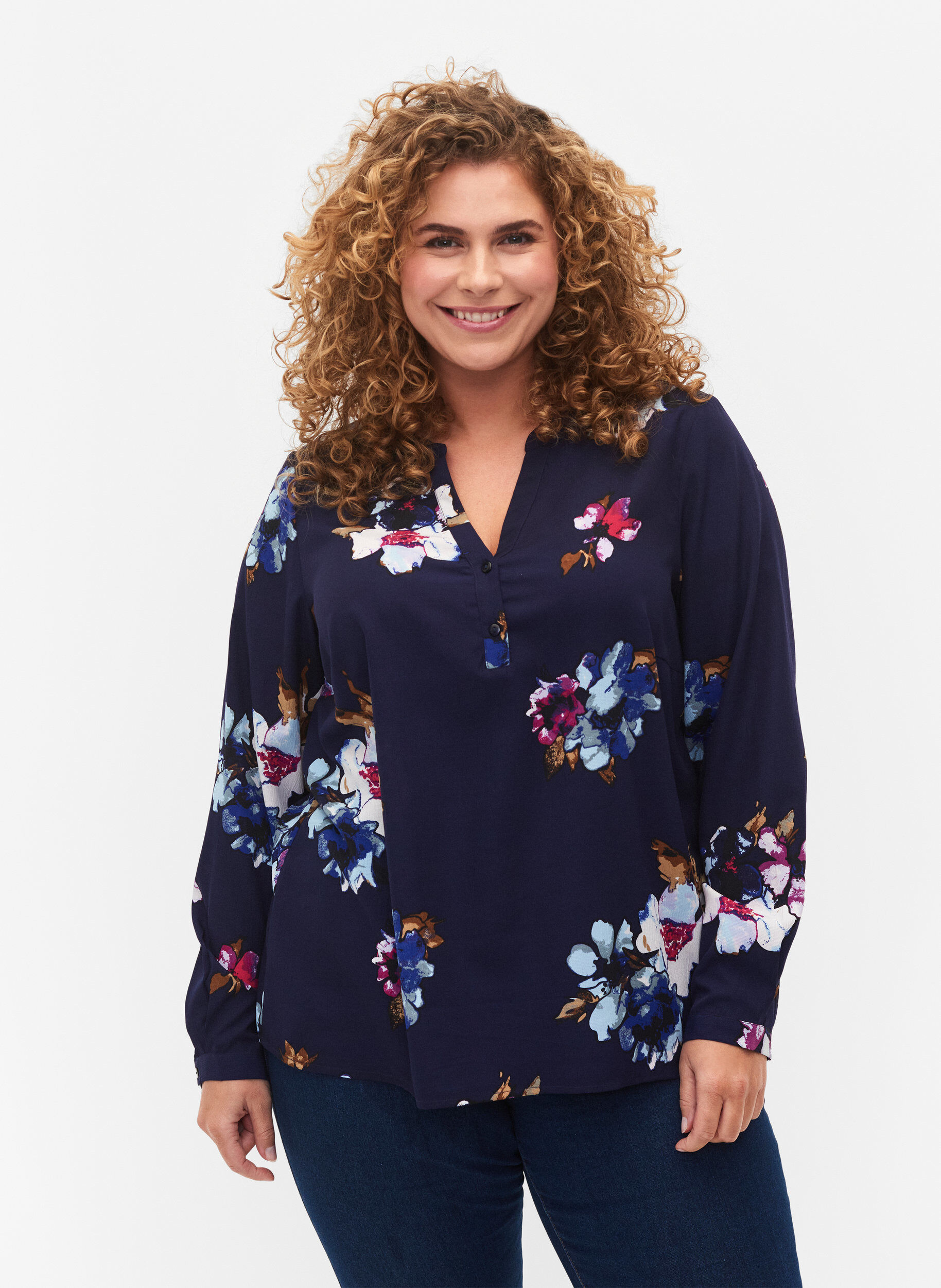 Zizzi FLASH - Lang&aelig;rmet bluse med print, Big Blue Flower, Model image number 0
