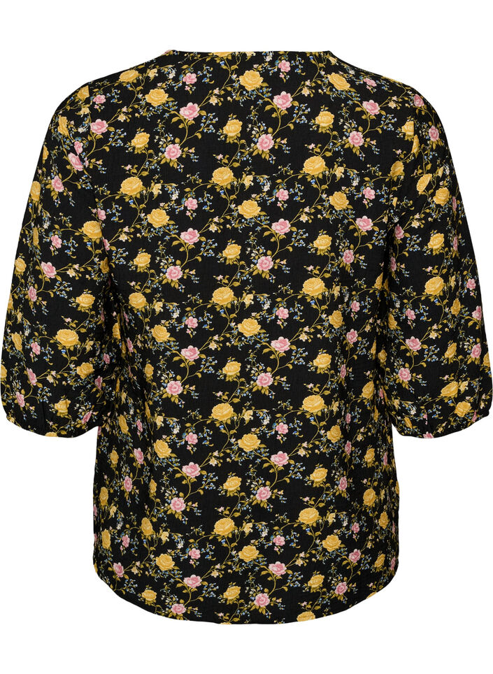 Viskosebluse med m&oslash;nster og 3/4-&aelig;rmer, Sort, Packshot image number 1