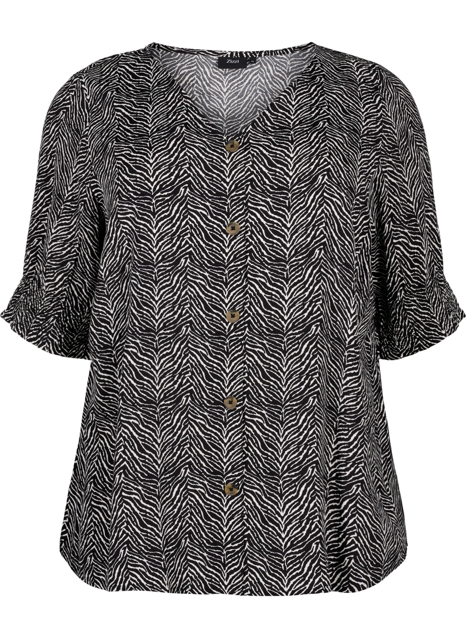 Zizzi Viskosebluse med knapper, Black Graphic AOP, Packshot image number 0