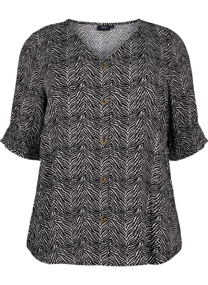 Viskosebluse med knapper, Black Graphic AOP, Packshot image number 0