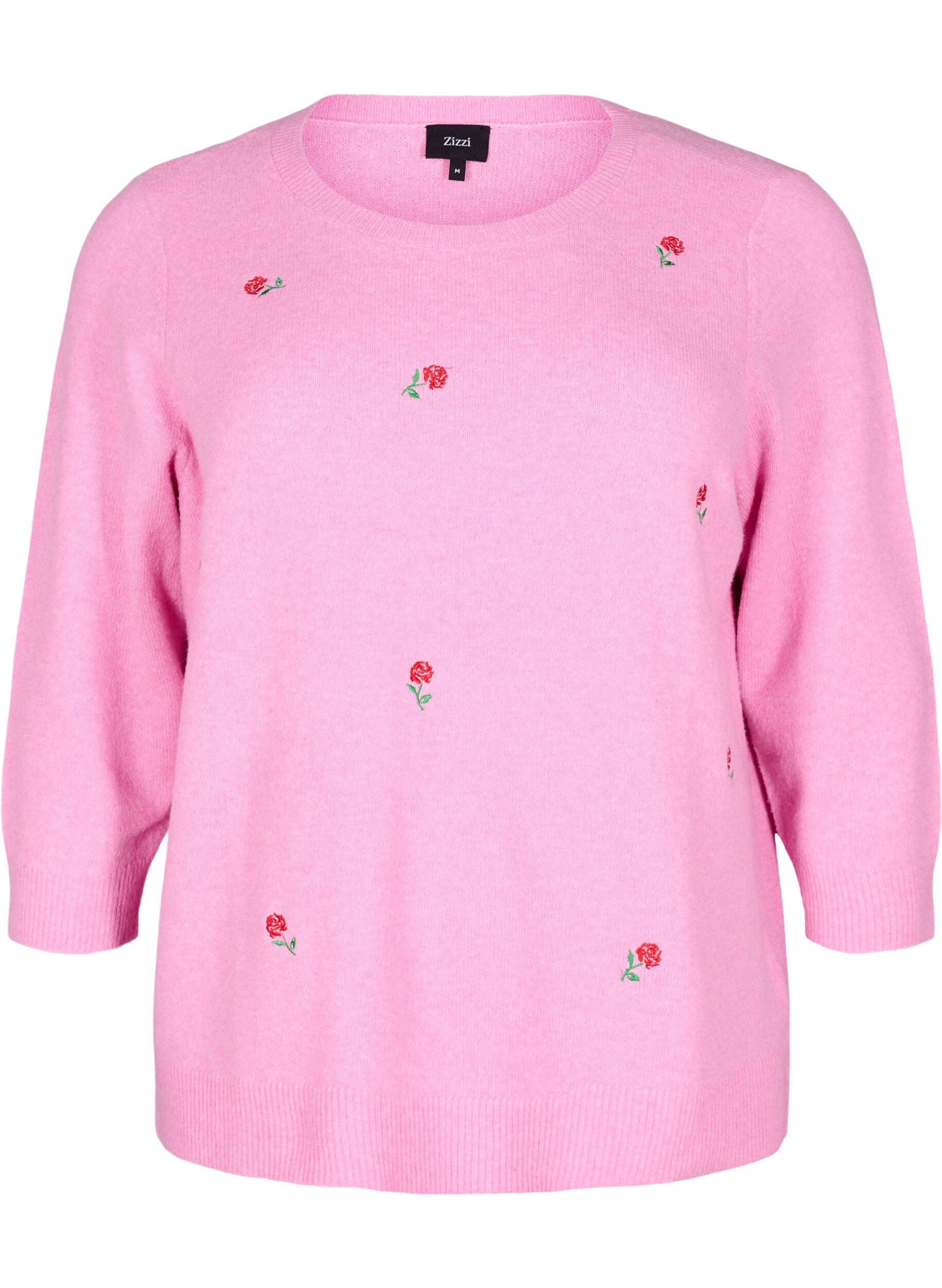 Zizzi Strikbluse med blomster og 3/4 &aelig;rmer, Begonia Pink Mel., Packshot image number 0