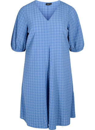 Crepet kjole med v-hals og ballonærmer, Moonlight Blue, Packshot image number 0