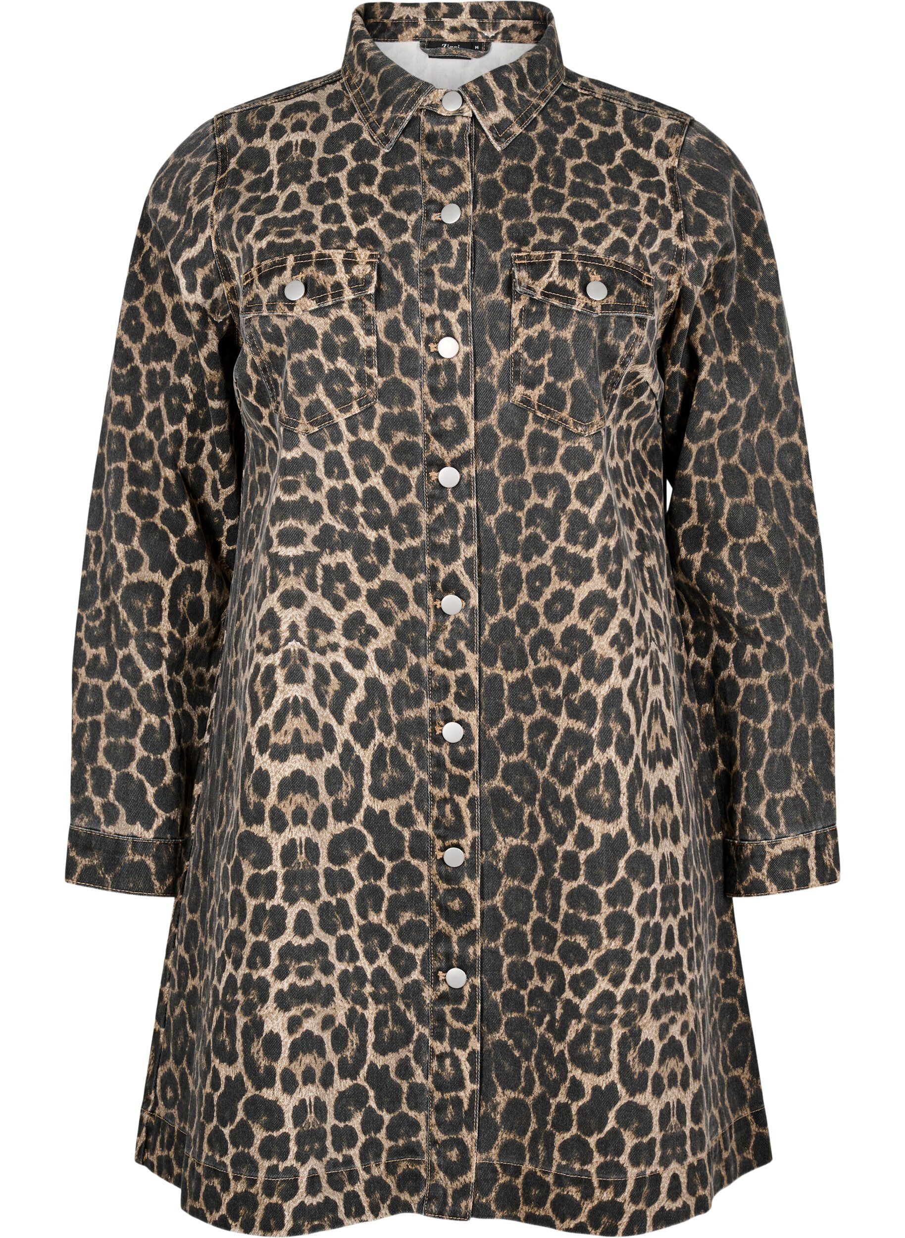Lang&aelig;rmet denimkjole med leopardprint