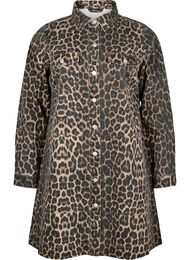 Langærmet denimkjole med leopardprint, Brown Leo AOP