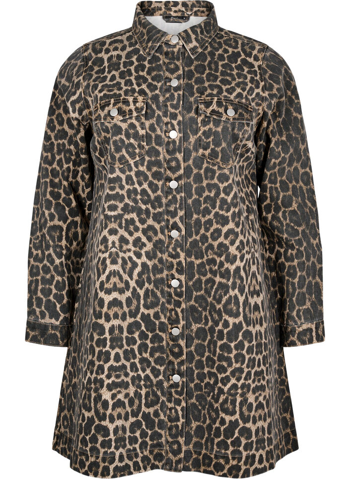 Langærmet denimkjole med leopardprint, Brown Leo AOP, Packshot image number 0