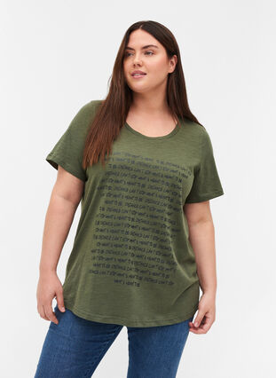 T-shirt med print i økologisk bomuld, Thyme Melange, Model image number 0