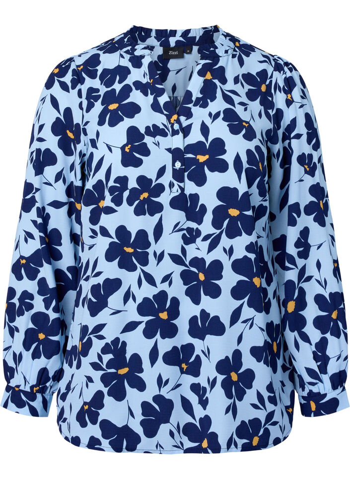 Langærmet bluse med v-udskæring, Flower AOP, Packshot image number 0
