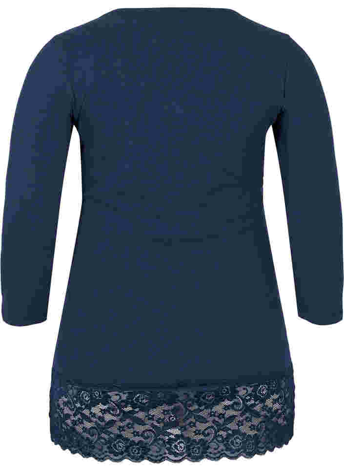 Bomulds bluse med blonder og 3/4 ærmer, Navy Blazer, Packshot image number 1