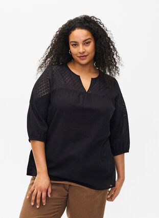 Bluse i bomuldsmix med hør og crochetdetalje, Black, Model image number 0