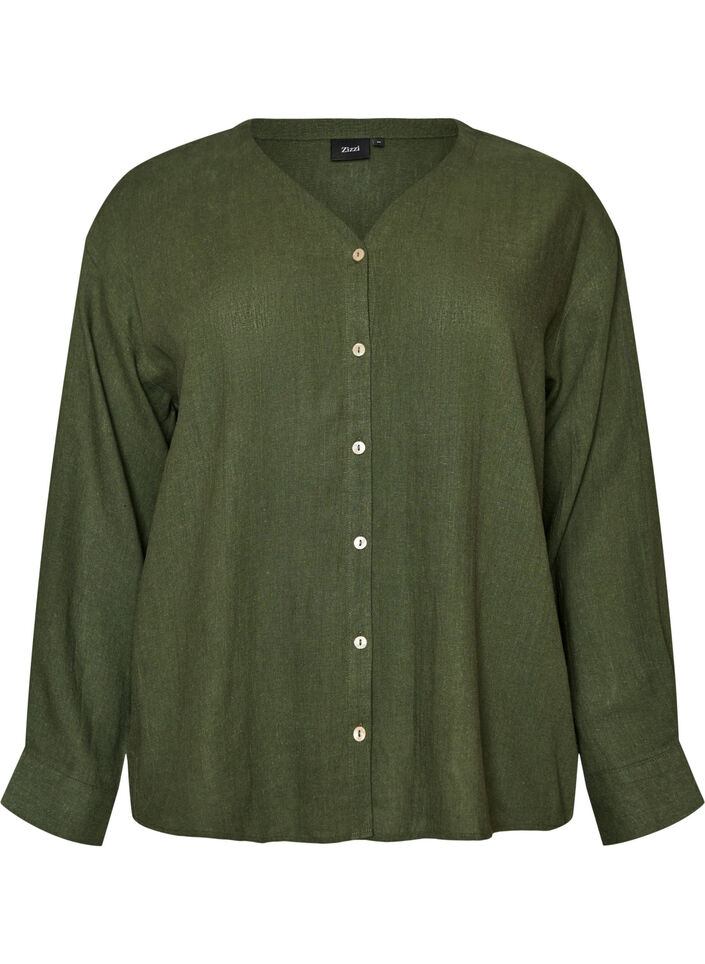 Bluse i h&oslash;r og viskose med V-udsk&aelig;ring, Gr&oslash;n, Packshot image number 0