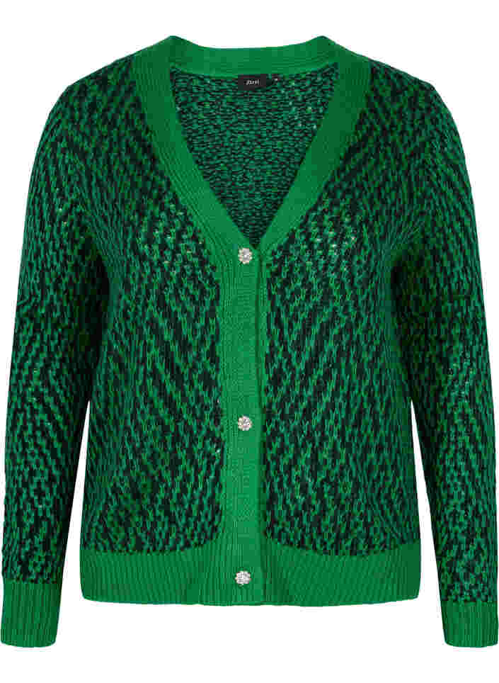 Mønstret strik cardigan med knapper, Jolly Green Comb, Packshot image number 0