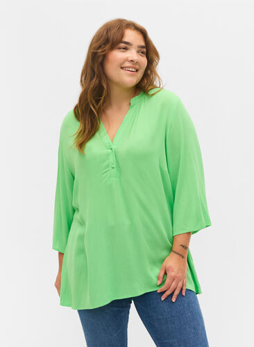 Viskose bluse med 3/4 ærmer og v-udskæring, Summer Green, Model image number 0