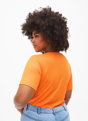 Tætsiddende bluse med v-hals og meshdetalje, Vibrant Orange, Model image number 1