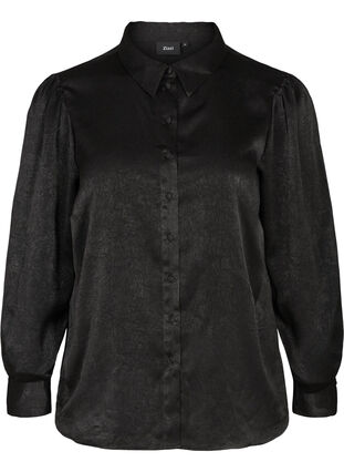 Skjorte med struktur og lange pufærmer, Black, Packshot image number 0