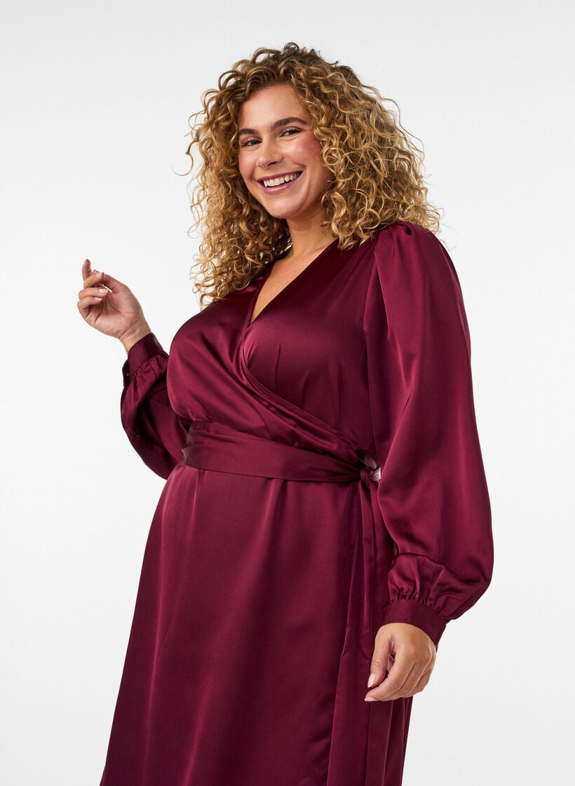 Kort satinkjole med sl&aring;-om-design, R&oslash;d, Model image number 2