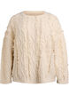 Strikbluse med kabelmønster og frynser, Beige, Packshot image number 0