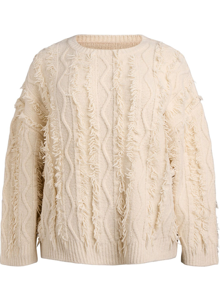 Strikbluse med kabelmønster og frynser, Beige, Packshot image number 0