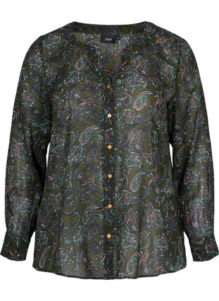 Skjorte med v-udskæring og paisley print, Green Paisley AOP, Packshot image number 0