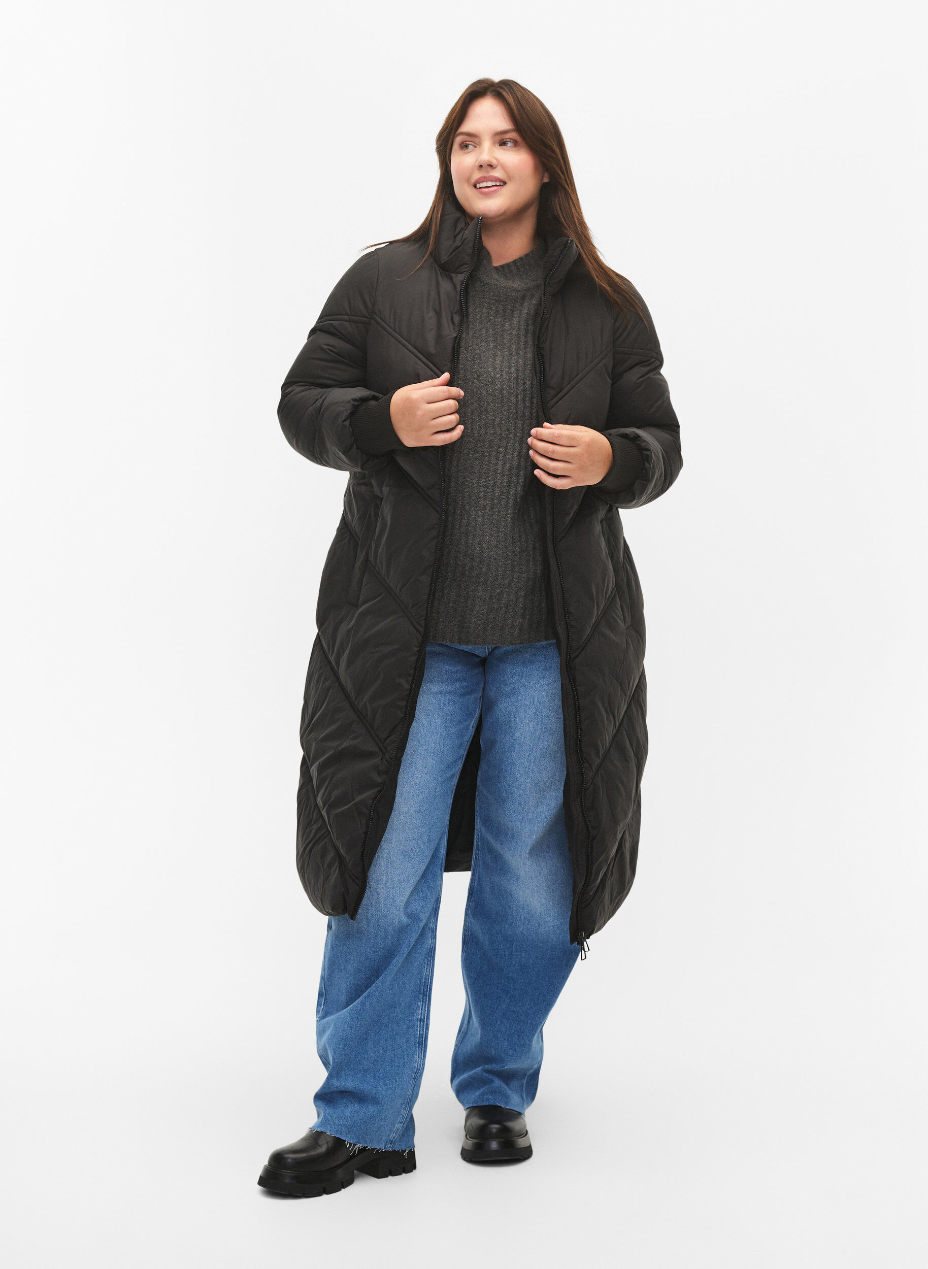Zizzi Lang puffer vinterjakke, Black, Model image number 0