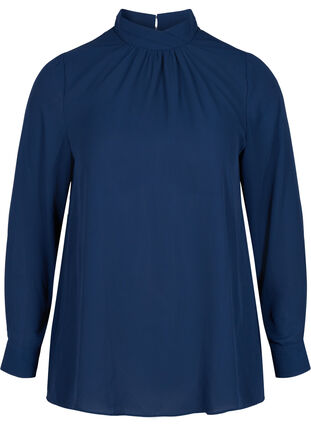 Langærmet bluse med høj hals , Navy Blazer, Packshot image number 0