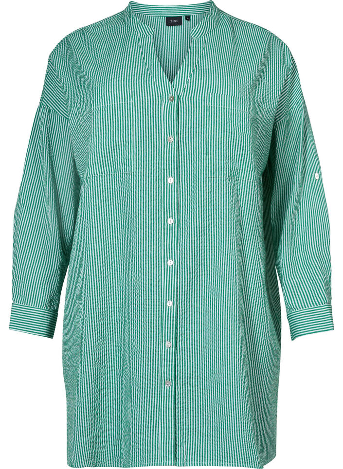 Stribet bomuldsskjorte med 3/4 ærmer, Jolly Green Stripe, Packshot image number 0