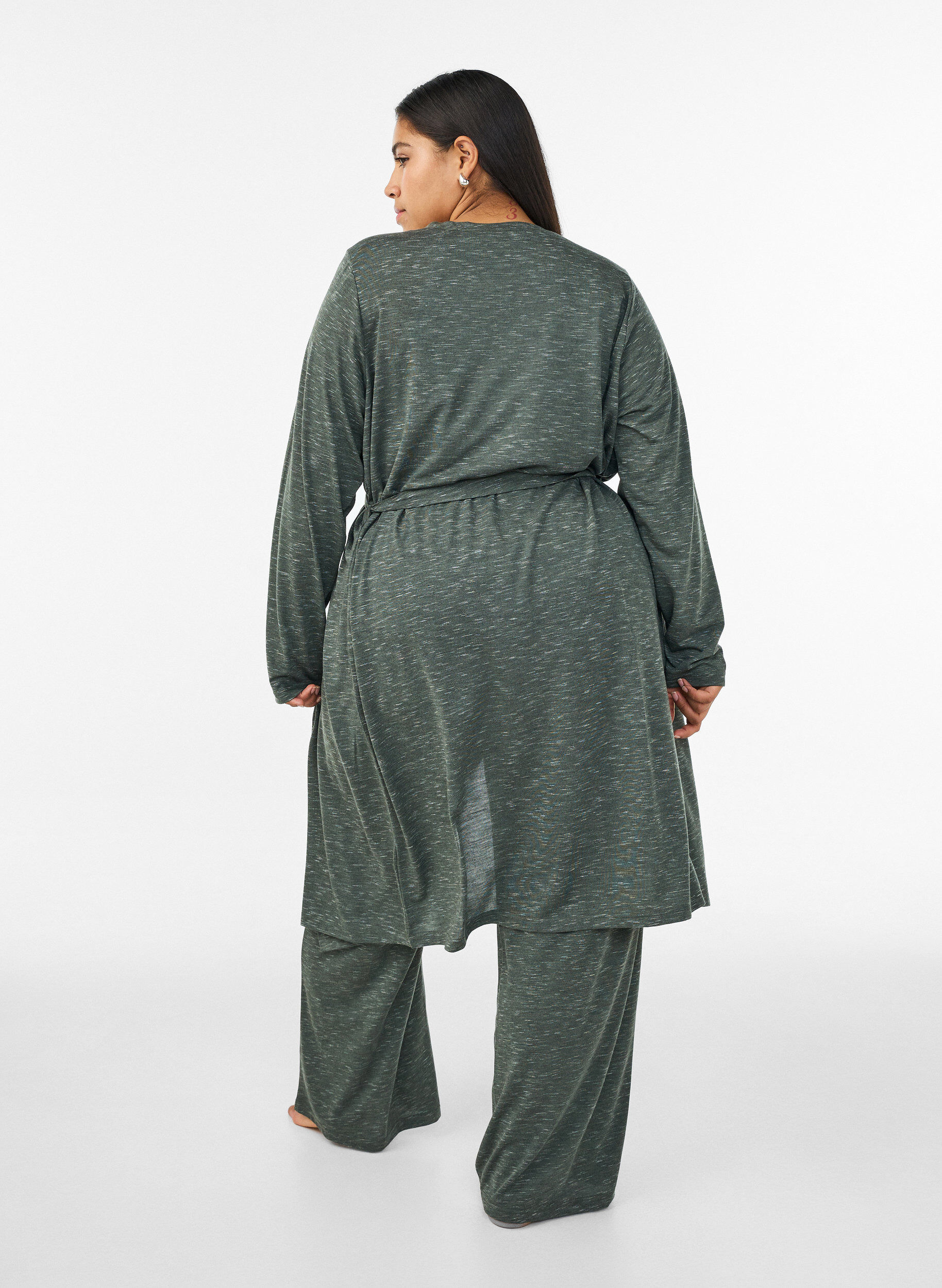 ZizziLang cardigan i jersey med bindeb&aring;nd, Gr&oslash;n, Model image number 1