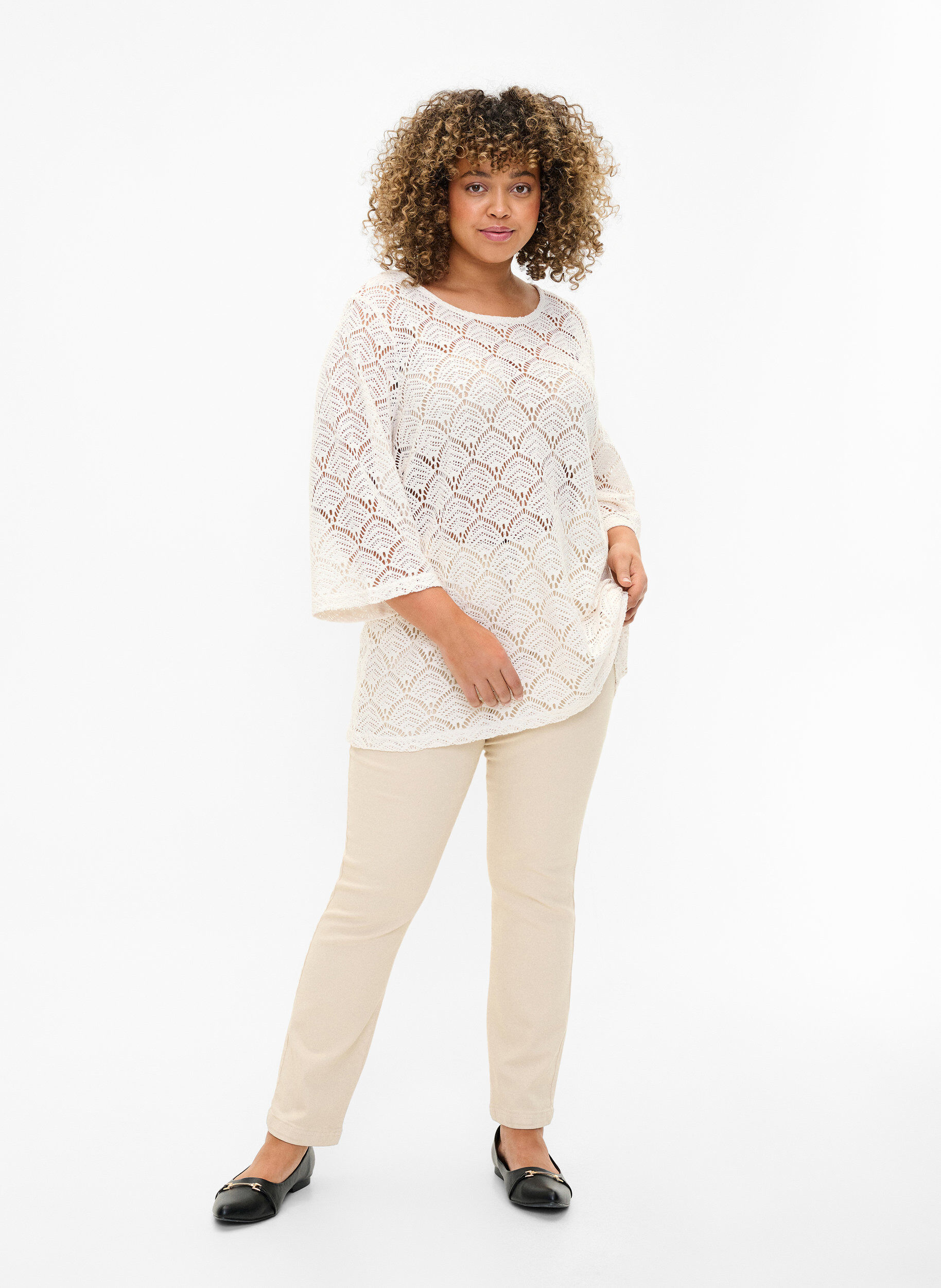 Zizzi Crochet bluse med 3/4 &aelig;rmer, Sandshell, Model image number 2