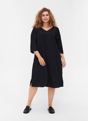 Bomulds kjole med 3/4 ærmer og knapper, Black, Model image number 2