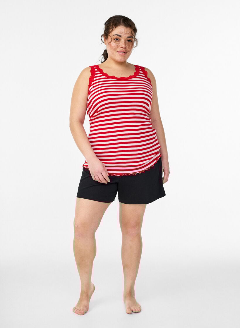 Stribet top med ribstruktur og blondekant, Lyser&oslash;d, Model image number 1