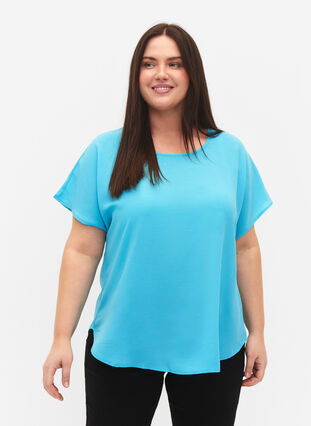 Bluse med korte ærmer og rund halsudskæring, Blue Atoll, Model image number 0