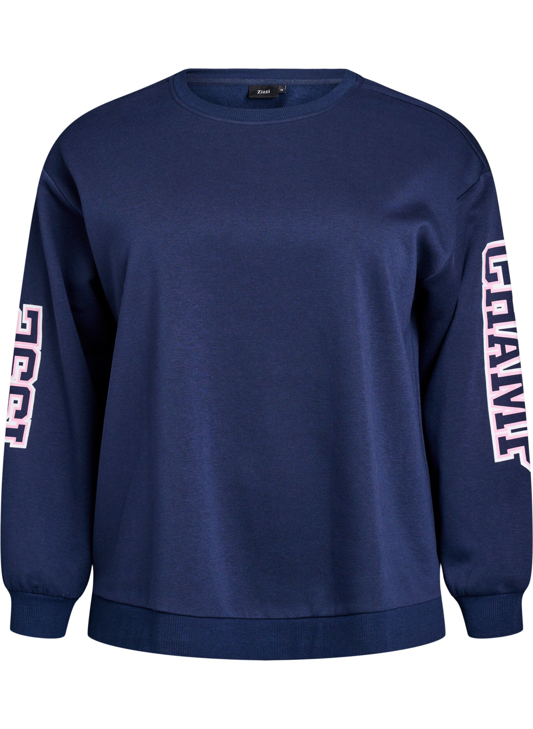 Zizzi Sweatshirt med statementprint p&aring; &aelig;rmer og ryg, Bl&aring;, Packshot image number 0