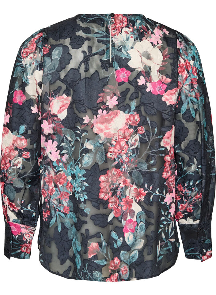 Blomstret bluse med v&aelig;vet struktur, Sort, Packshot image number 1
