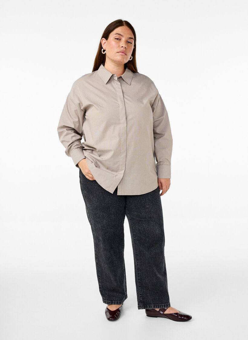 Løs langærmet skjorte med striber, Brun, Model image number 1