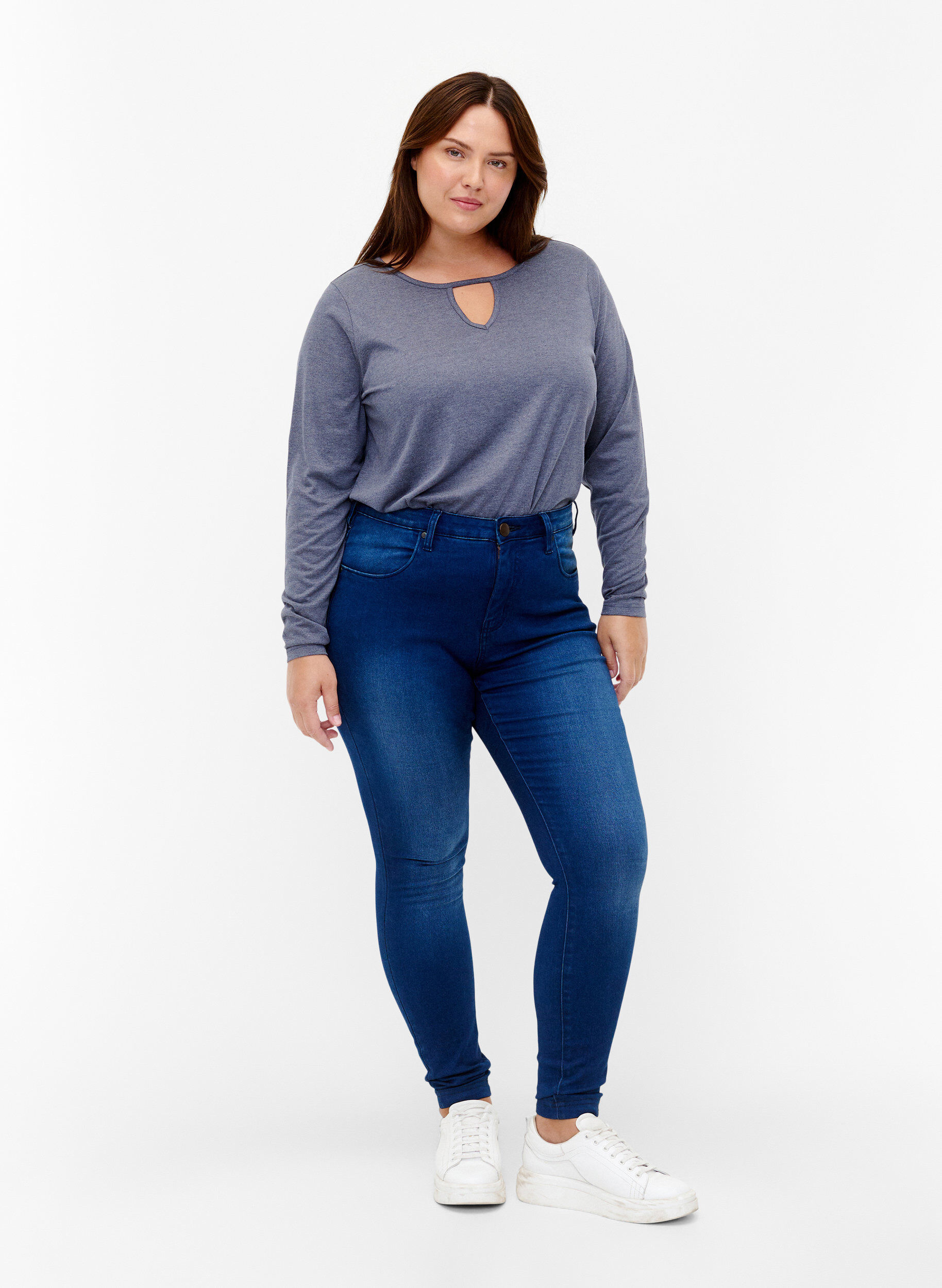 Zizzi Meleret bluse med lange &aelig;rmer, Night Sky Mel. , Model image number 2