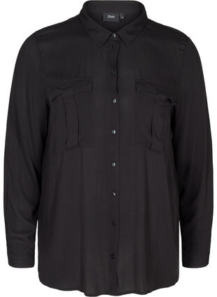 Viskose skjorte med brystlommer, Black, Packshot image number 0
