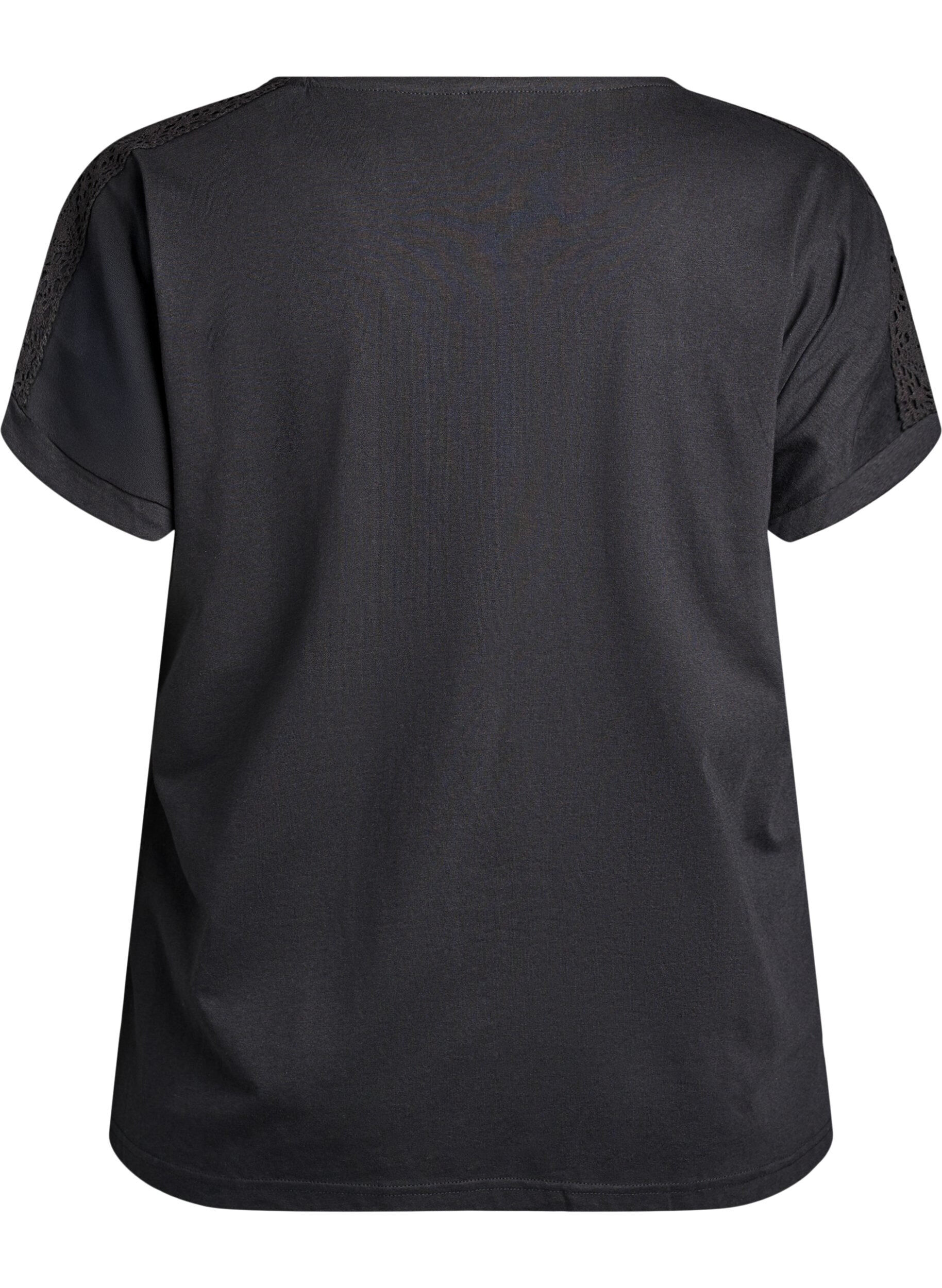 ZizziT-shirt i bomuld med crochetdetalje, Sort, Packshot image number 1