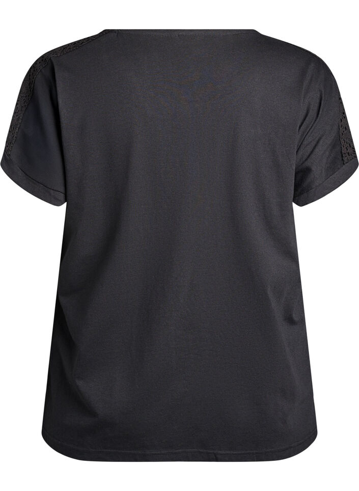 T-shirt i bomuld med crochetdetalje, Sort, Packshot image number 1